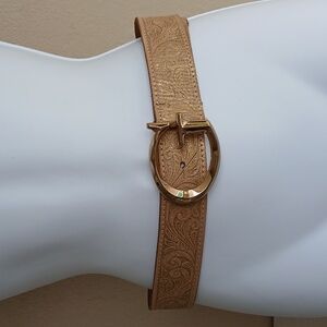 Wide Genuine Leather Belt Tooled Gold Finish Large
